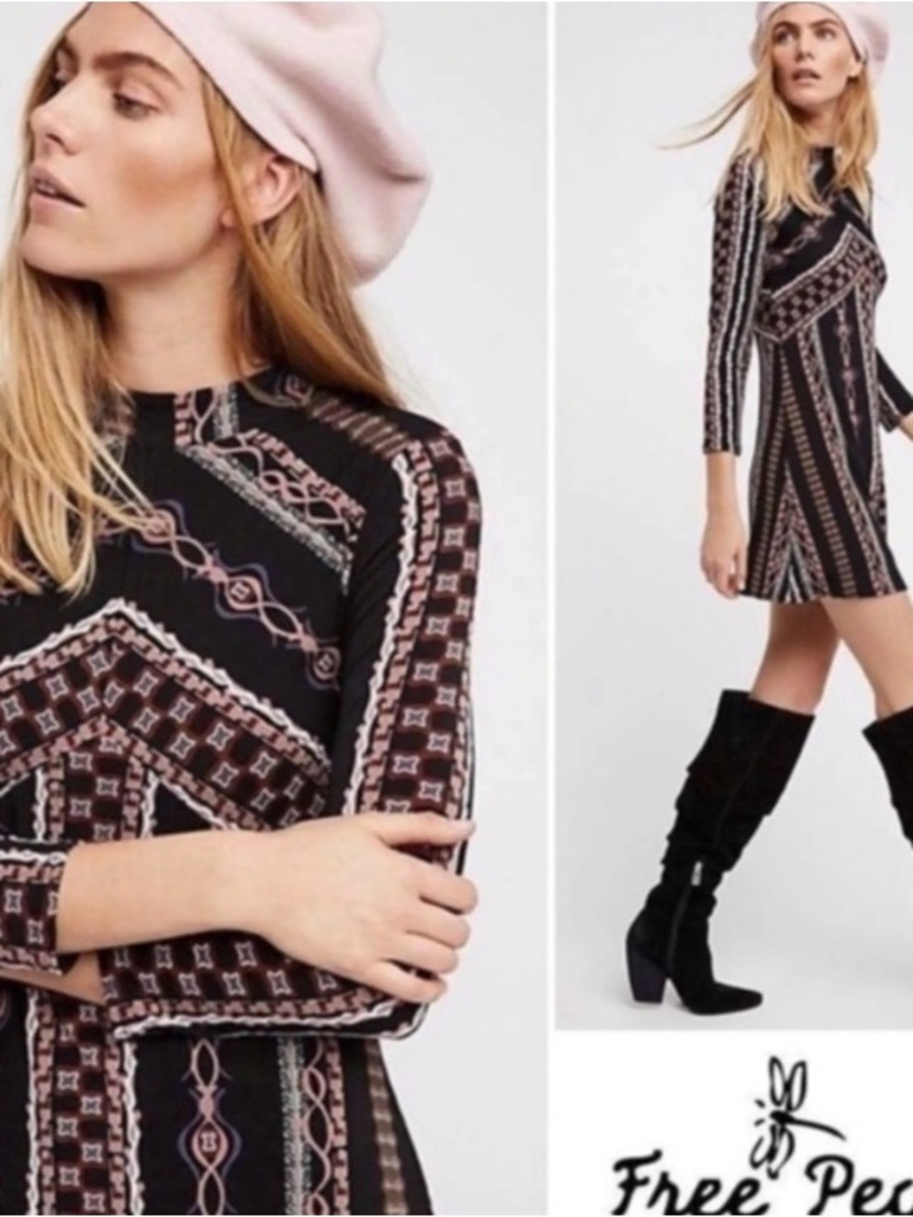 Free People Black Patterned Long-Sleeve Mini Dress with Pink Accents